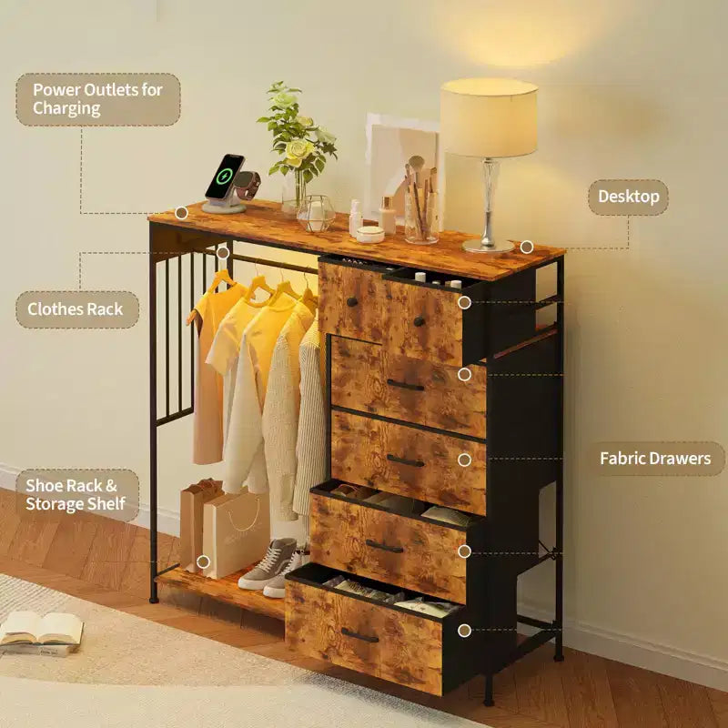 6-Drawer Dresser w/Hanging Rack, Dresser w/Charging Station & LED Lights, Kids Dressers with Shoe Rack, Chest of Drawers for Bedroom