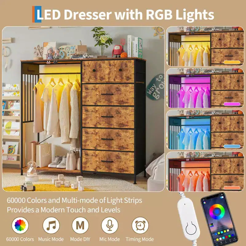 6-Drawer Dresser w/Hanging Rack, Dresser w/Charging Station & LED Lights, Kids Dressers with Shoe Rack, Chest of Drawers for Bedroom