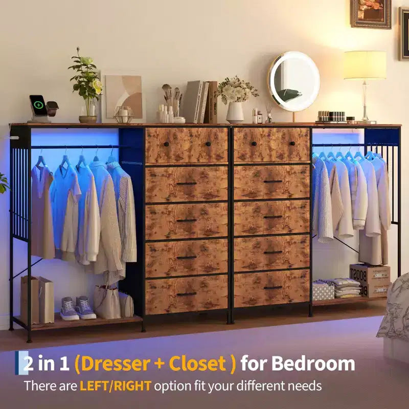 6-Drawer Dresser w/Hanging Rack, Dresser w/Charging Station & LED Lights, Kids Dressers with Shoe Rack, Chest of Drawers for Bedroom