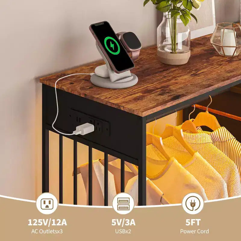 6-Drawer Dresser w/Hanging Rack, Dresser w/Charging Station & LED Lights, Kids Dressers with Shoe Rack, Chest of Drawers for Bedroom