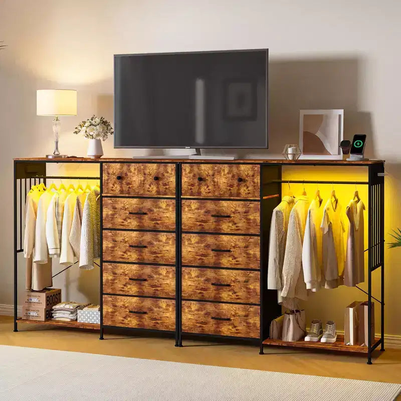 6-Drawer Dresser w/Hanging Rack, Dresser w/Charging Station & LED Lights, Kids Dressers with Shoe Rack, Chest of Drawers for Bedroom