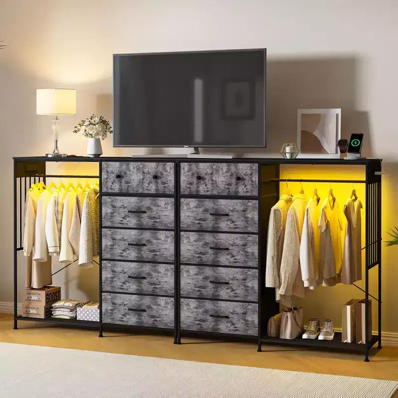 6-Drawer Dresser w/Hanging Rack, Dresser w/Charging Station & LED Lights, Kids Dressers with Shoe Rack, Chest of Drawers for Bedroom