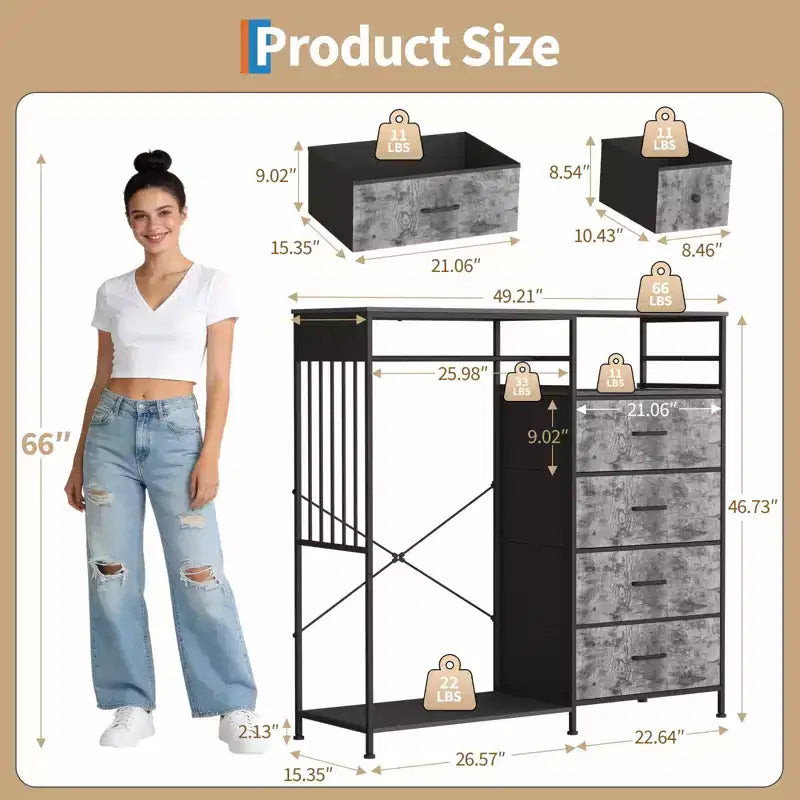6-Drawer Dresser w/Hanging Rack, Dresser w/Charging Station & LED Lights, Kids Dressers with Shoe Rack, Chest of Drawers for Bedroom