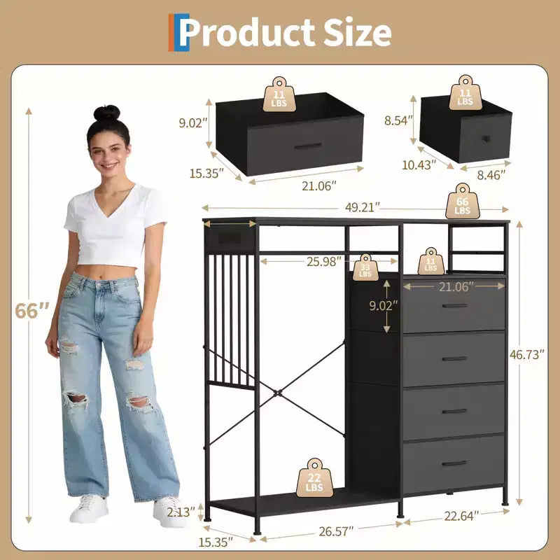 6-Drawer Dresser w/Hanging Rack, Dresser w/Charging Station & LED Lights, Kids Dressers with Shoe Rack, Chest of Drawers for Bedroom