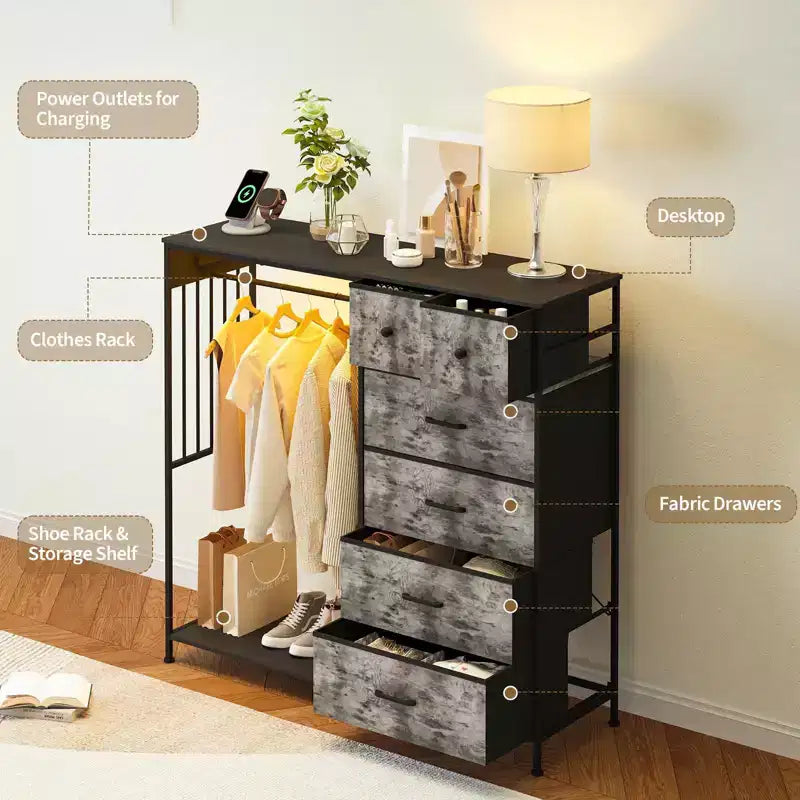 6-Drawer Dresser w/Hanging Rack, Dresser w/Charging Station & LED Lights, Kids Dressers with Shoe Rack, Chest of Drawers for Bedroom