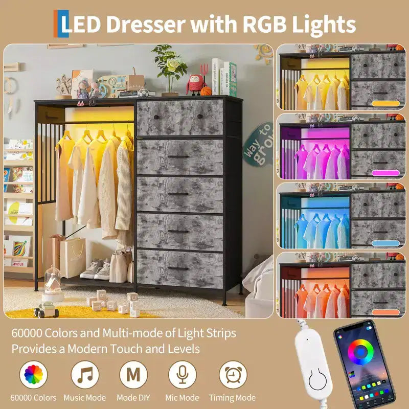 6-Drawer Dresser w/Hanging Rack, Dresser w/Charging Station & LED Lights, Kids Dressers with Shoe Rack, Chest of Drawers for Bedroom