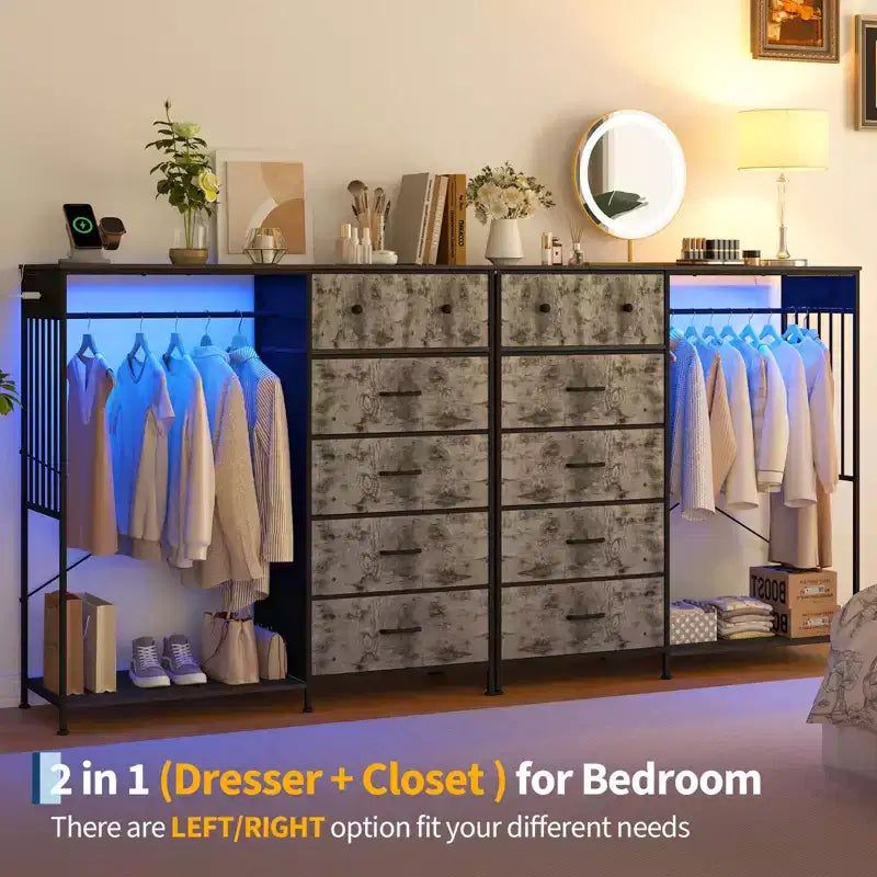 6-Drawer Dresser w/Hanging Rack, Dresser w/Charging Station & LED Lights, Kids Dressers with Shoe Rack, Chest of Drawers for Bedroom