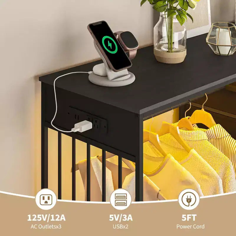 6-Drawer Dresser w/Hanging Rack, Dresser w/Charging Station & LED Lights, Kids Dressers with Shoe Rack, Chest of Drawers for Bedroom
