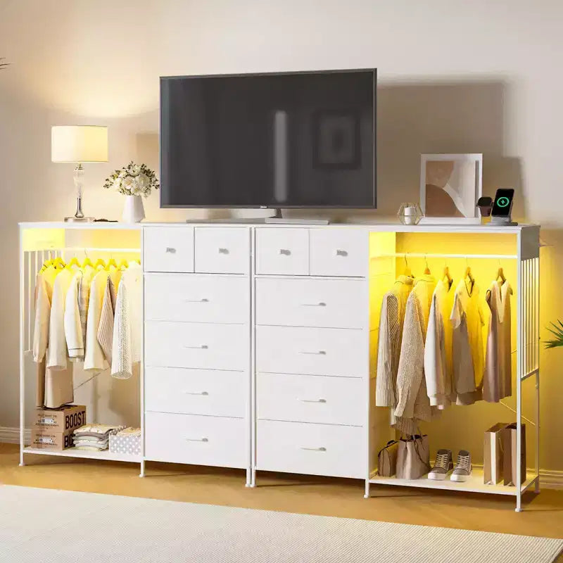 6-Drawer Dresser w/Hanging Rack, Dresser w/Charging Station & LED Lights, Kids Dressers with Shoe Rack, Chest of Drawers for Bedroom