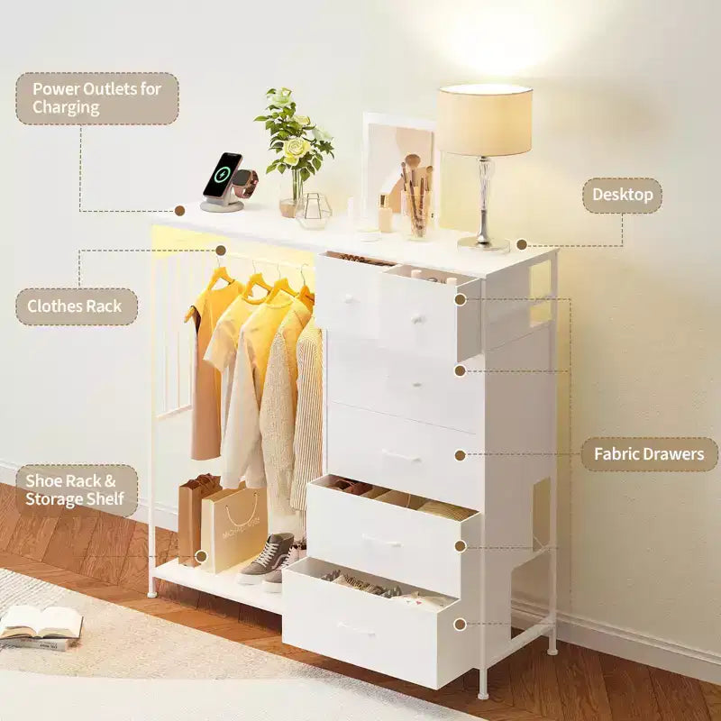 6-Drawer Dresser w/Hanging Rack, Dresser w/Charging Station & LED Lights, Kids Dressers with Shoe Rack, Chest of Drawers for Bedroom