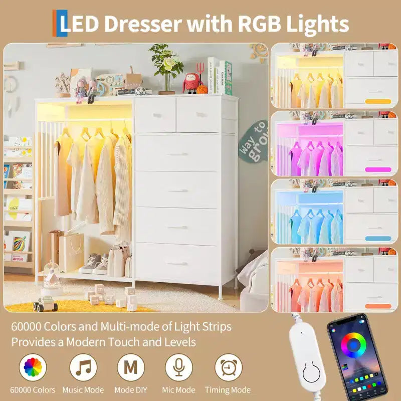 6-Drawer Dresser w/Hanging Rack, Dresser w/Charging Station & LED Lights, Kids Dressers with Shoe Rack, Chest of Drawers for Bedroom
