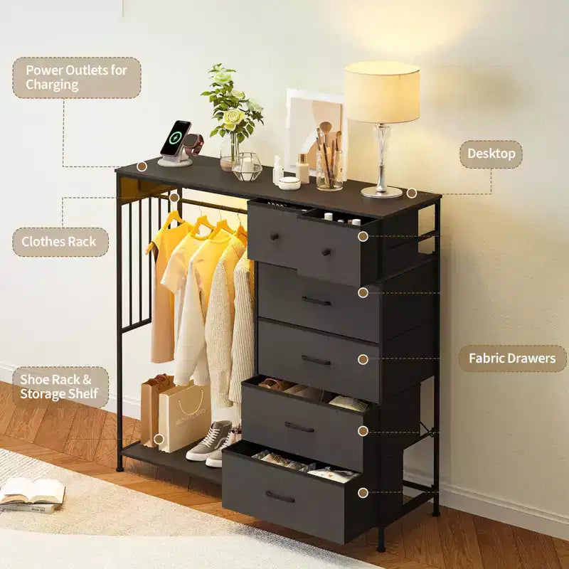 6-Drawer Dresser w/Hanging Rack, Dresser w/Charging Station & LED Lights, Kids Dressers with Shoe Rack, Chest of Drawers for Bedroom