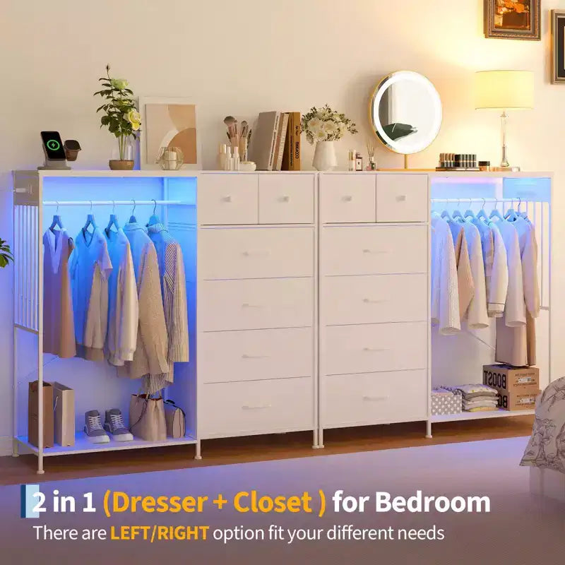 6-Drawer Dresser w/Hanging Rack, Dresser w/Charging Station & LED Lights, Kids Dressers with Shoe Rack, Chest of Drawers for Bedroom