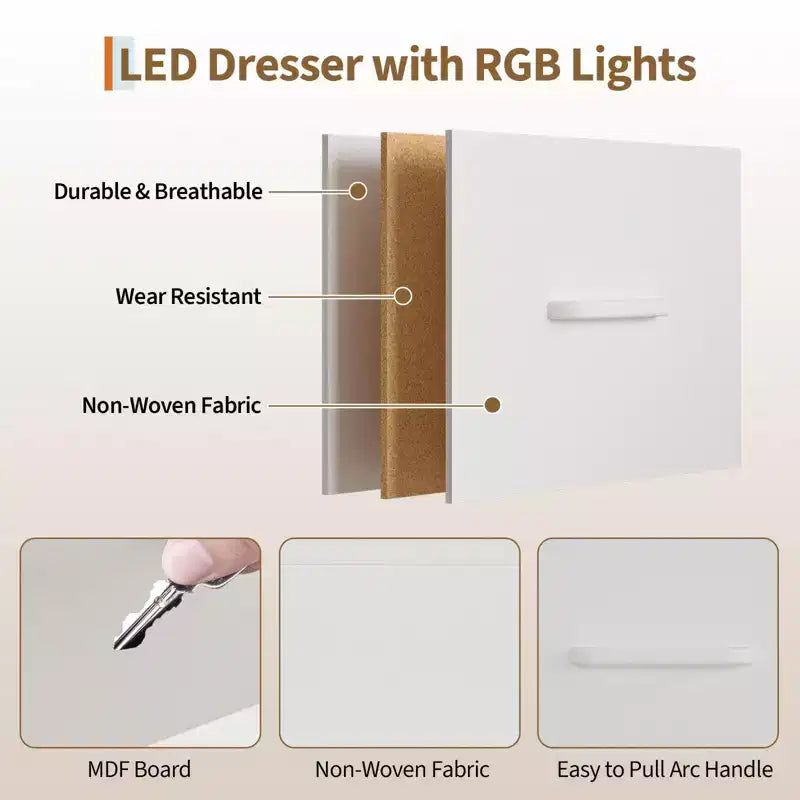 6-Drawer Dresser w/Hanging Rack, Dresser w/Charging Station & LED Lights, Kids Dressers with Shoe Rack, Chest of Drawers for Bedroom