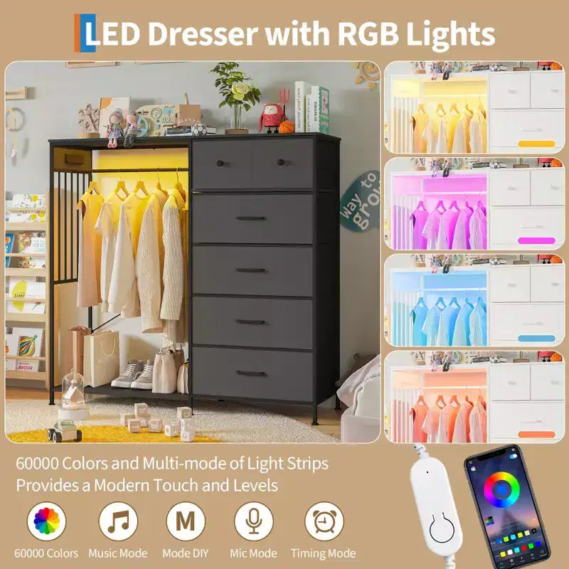 6-Drawer Dresser w/Hanging Rack, Dresser w/Charging Station & LED Lights, Kids Dressers with Shoe Rack, Chest of Drawers for Bedroom