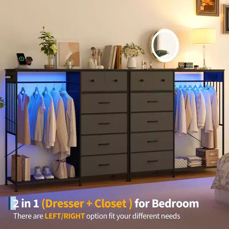 6-Drawer Dresser w/Hanging Rack, Dresser w/Charging Station & LED Lights, Kids Dressers with Shoe Rack, Chest of Drawers for Bedroom