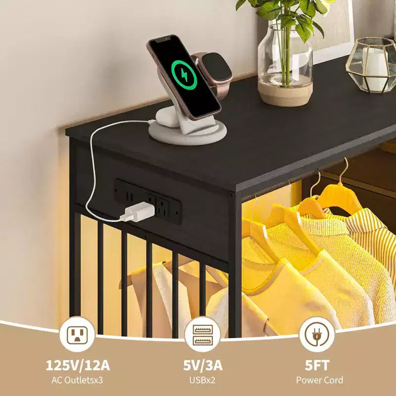 6-Drawer Dresser w/Hanging Rack, Dresser w/Charging Station & LED Lights, Kids Dressers with Shoe Rack, Chest of Drawers for Bedroom