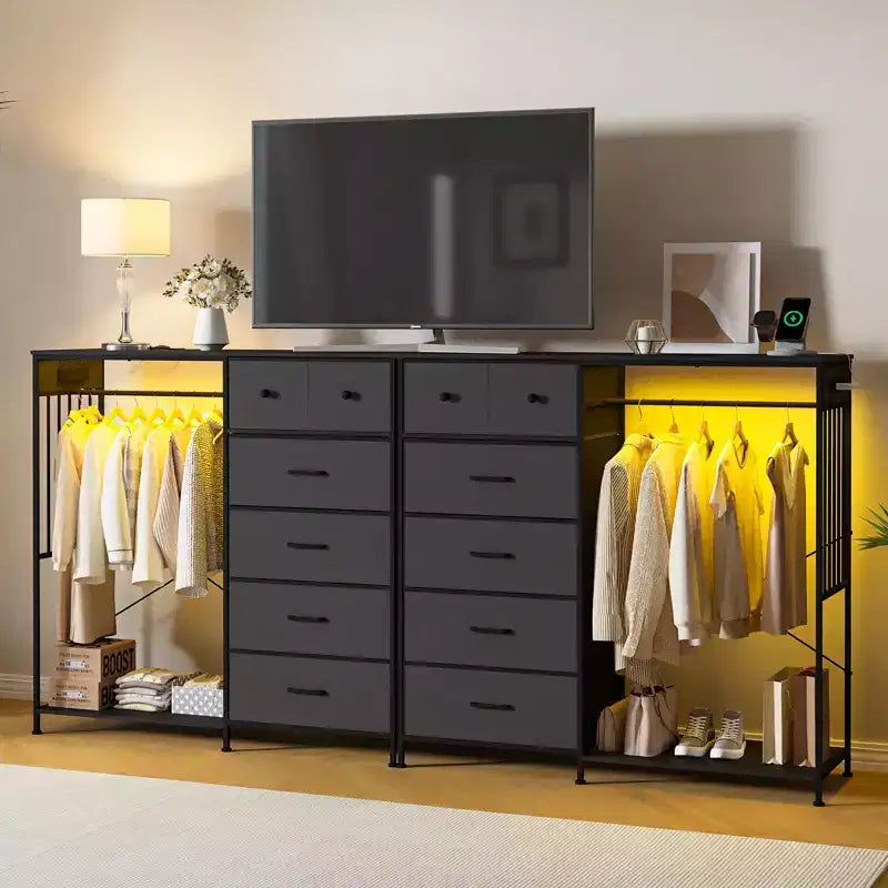 6-Drawer Dresser w/Hanging Rack, Dresser w/Charging Station & LED Lights, Kids Dressers with Shoe Rack, Chest of Drawers for Bedroom