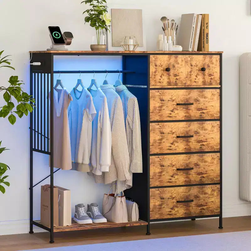 6-Drawer Dresser w/Hanging Rack, Dresser w/Charging Station & LED Lights, Kids Dressers with Shoe Rack, Chest of Drawers for Bedroom