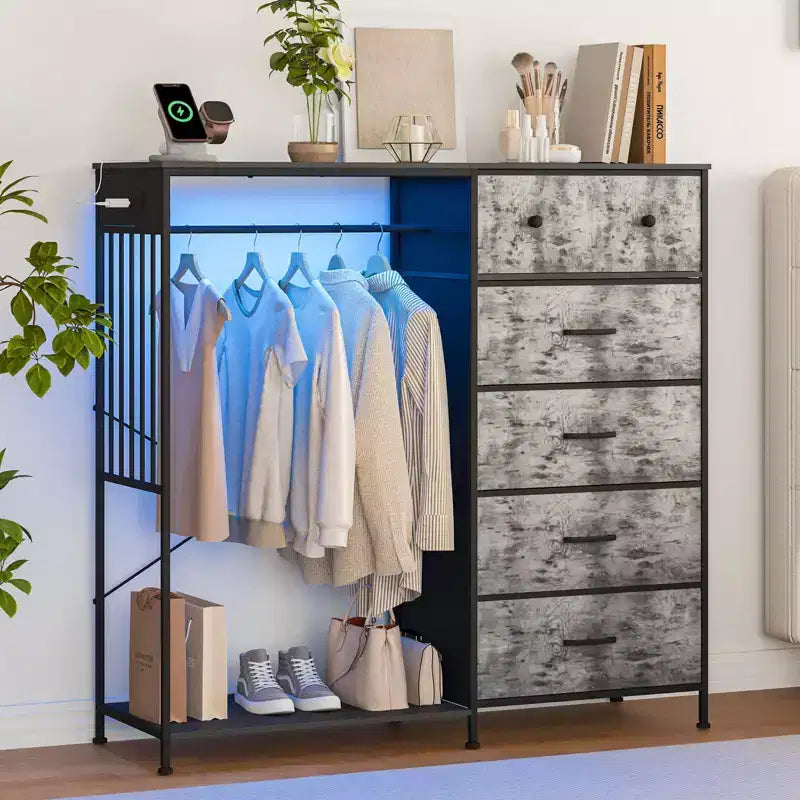 6-Drawer Dresser w/Hanging Rack, Dresser w/Charging Station & LED Lights, Kids Dressers with Shoe Rack, Chest of Drawers for Bedroom