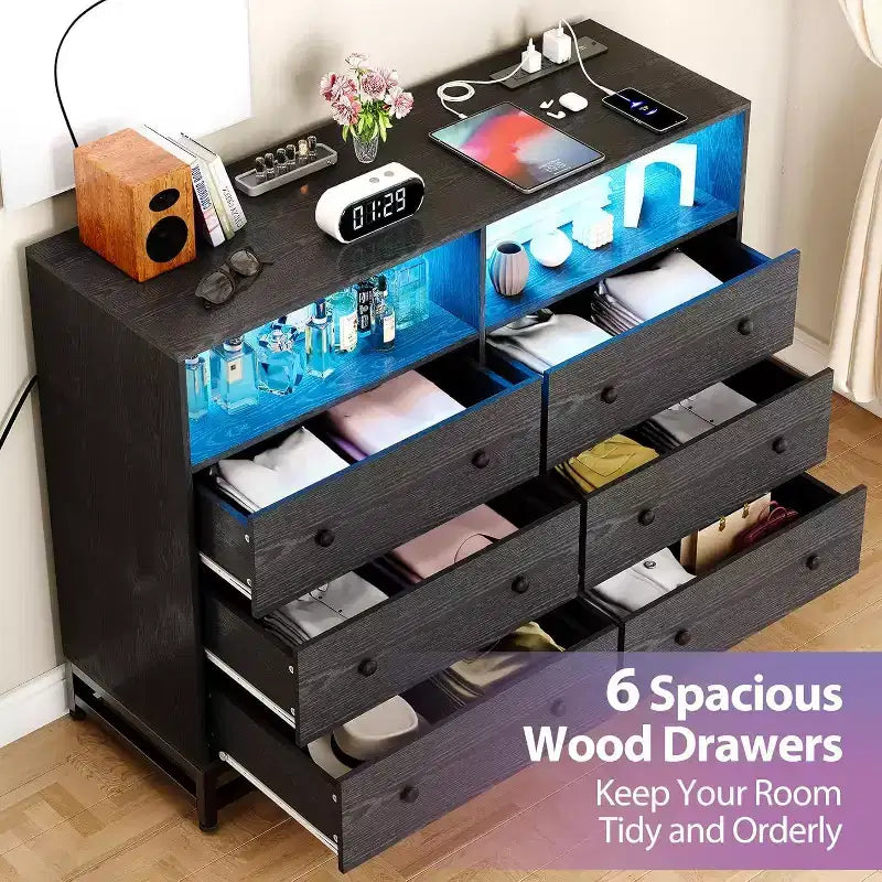 6 Drawers Wood Dresser for Bedroom with Open Shelves,47 Inch Wide,Charging Station