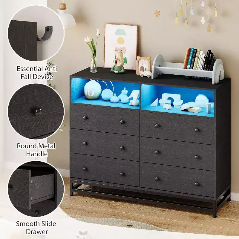6 Drawers Wood Dresser for Bedroom with Open Shelves,47 Inch Wide,Charging Station