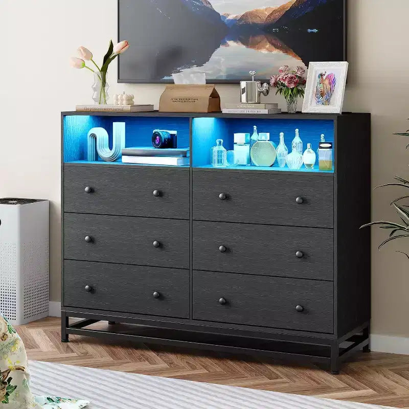 6 Drawers Wood Dresser for Bedroom with Open Shelves,47 Inch Wide,Charging Station