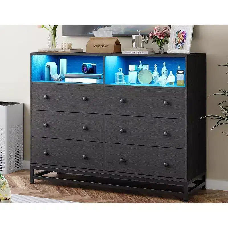 6 Drawers Wood Dresser for Bedroom with Open Shelves,47 Inch Wide,Charging Station