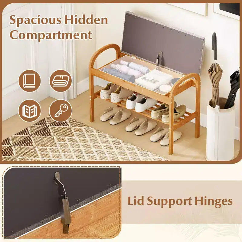 Costway Bamboo Entryway Shoe Bench 2-Tier Shoe Rack with Flip Top Storage for Hallway