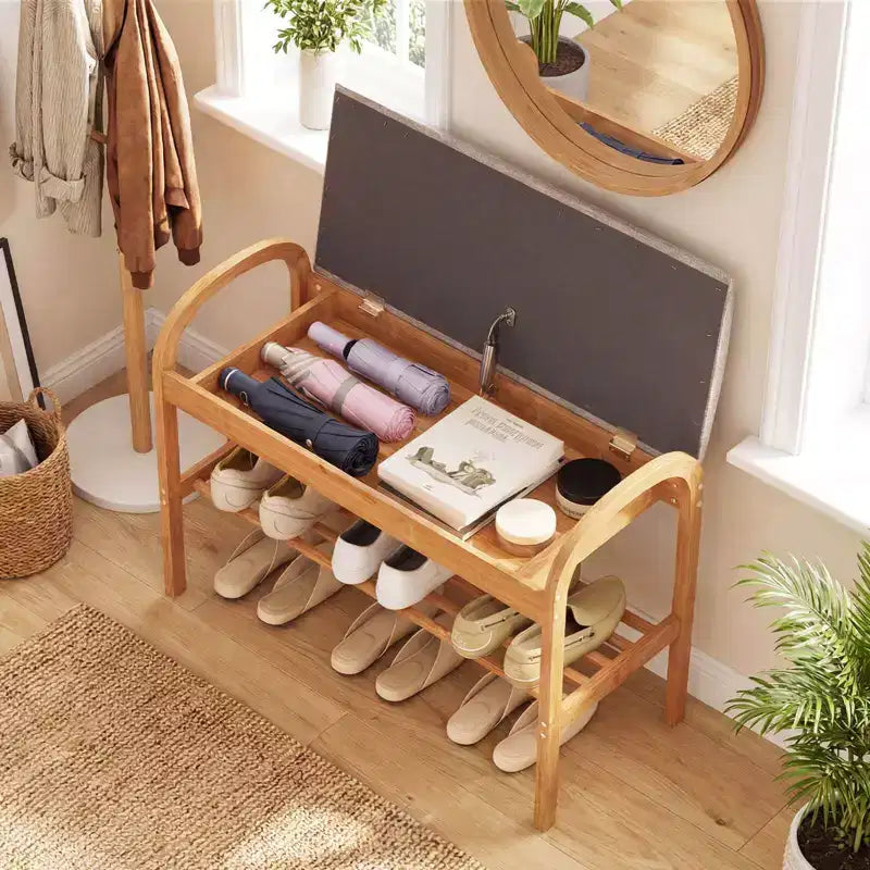 Costway Bamboo Entryway Shoe Bench 2-Tier Shoe Rack with Flip Top Storage for Hallway