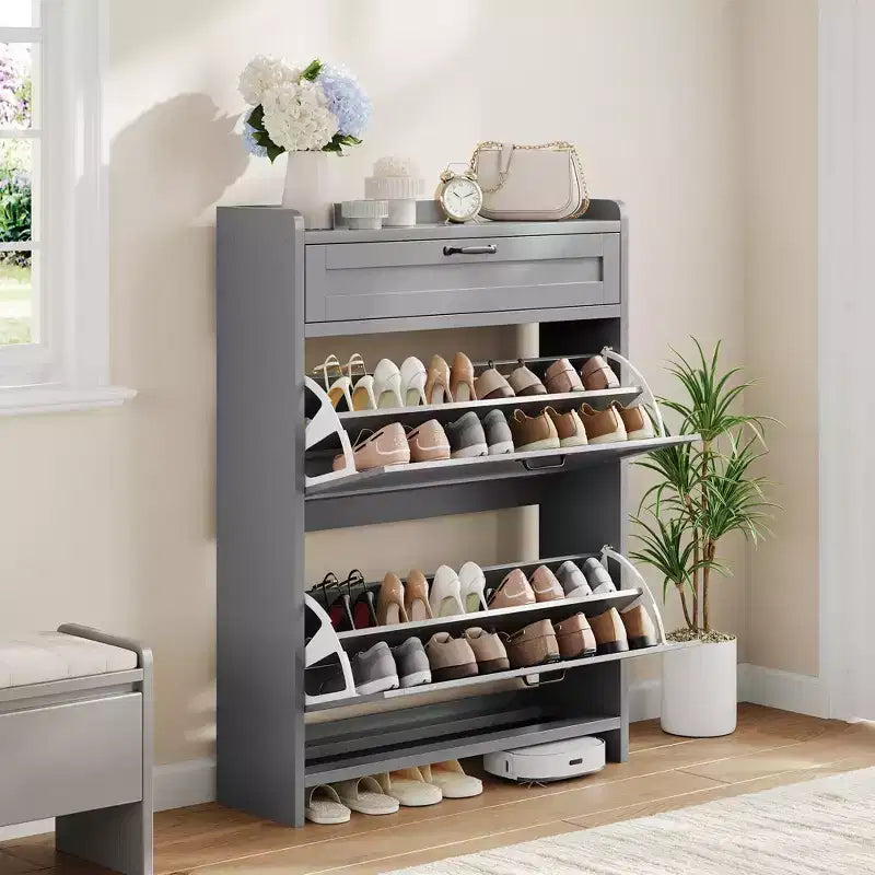 Shoe Cabinet with 2 Flip & 1 Top Drawer,Wooden Shoe Organizer with Adjustable Shelf, Freestanding Entryway Storage for Hallway & Living Room