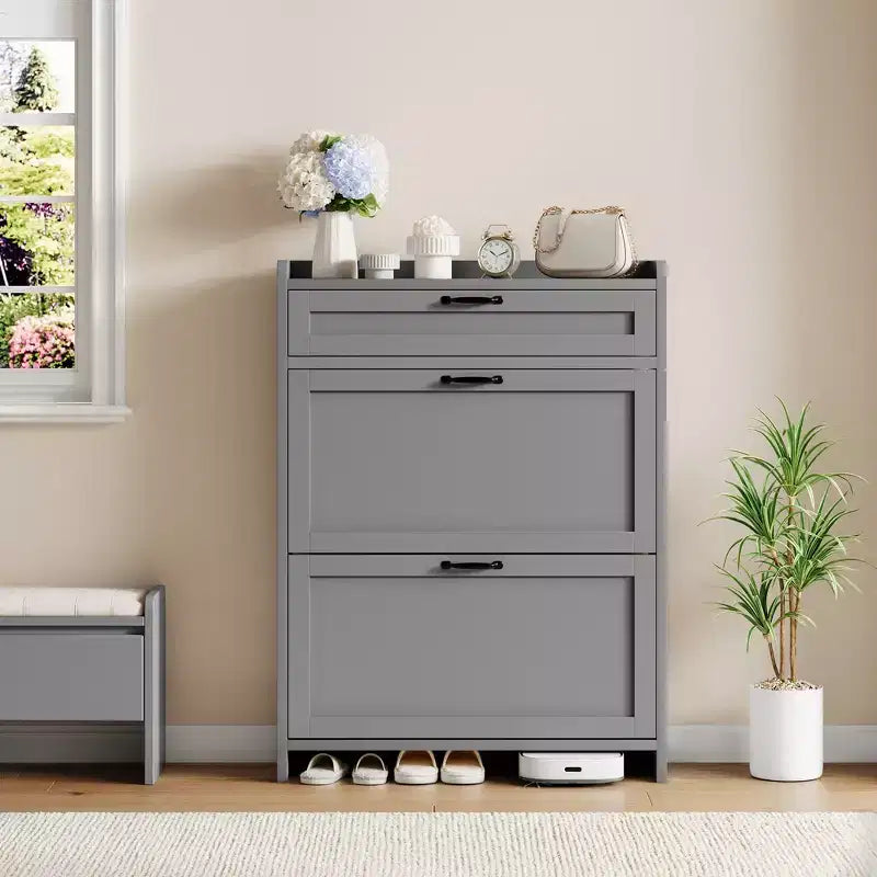 Shoe Cabinet with 2 Flip & 1 Top Drawer,Wooden Shoe Organizer with Adjustable Shelf, Freestanding Entryway Storage for Hallway & Living Room