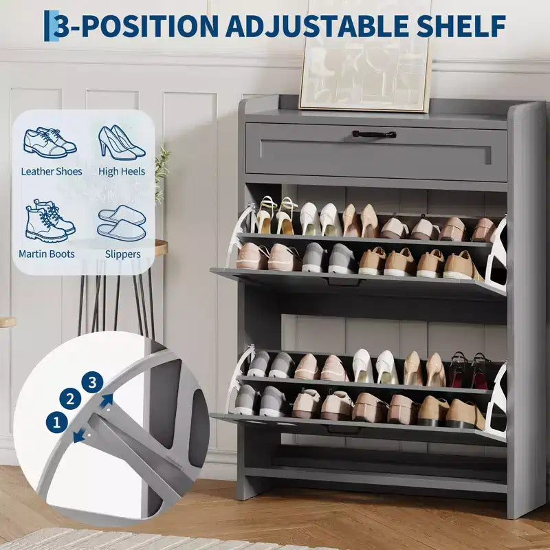 Shoe Cabinet with 2 Flip & 1 Top Drawer,Wooden Shoe Organizer with Adjustable Shelf, Freestanding Entryway Storage for Hallway & Living Room