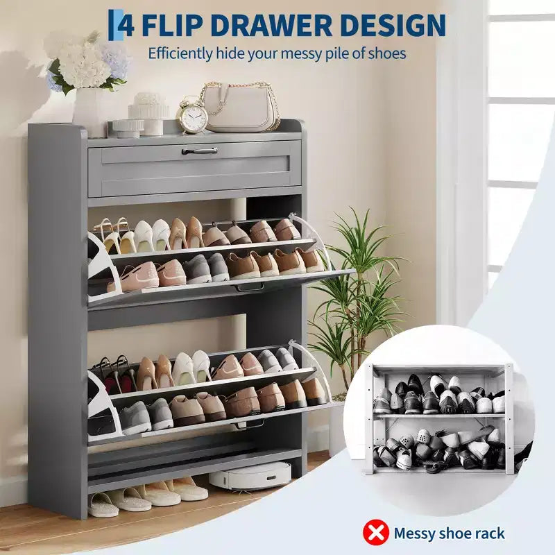 Shoe Cabinet with 2 Flip & 1 Top Drawer,Wooden Shoe Organizer with Adjustable Shelf, Freestanding Entryway Storage for Hallway & Living Room