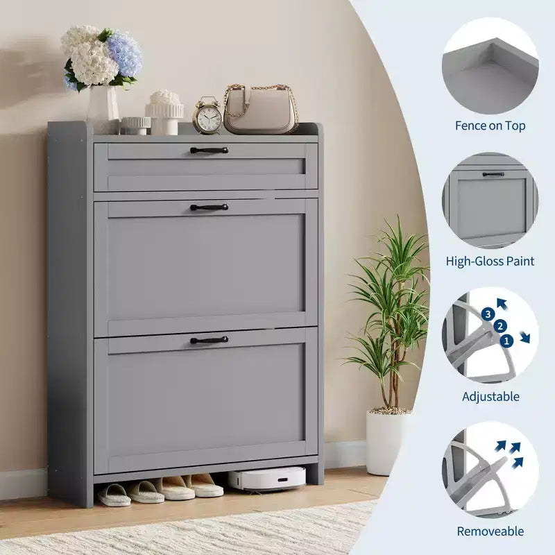 Shoe Cabinet with 2 Flip & 1 Top Drawer,Wooden Shoe Organizer with Adjustable Shelf, Freestanding Entryway Storage for Hallway & Living Room