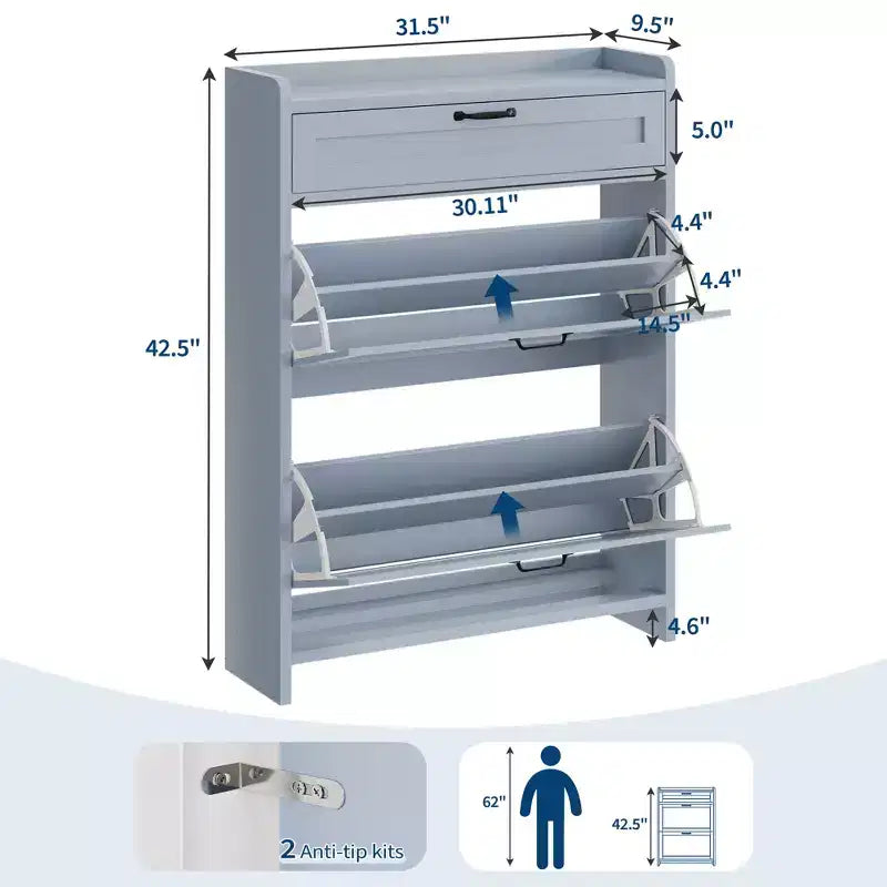 Shoe Cabinet with 2 Flip & 1 Top Drawer,Wooden Shoe Organizer with Adjustable Shelf, Freestanding Entryway Storage for Hallway & Living Room