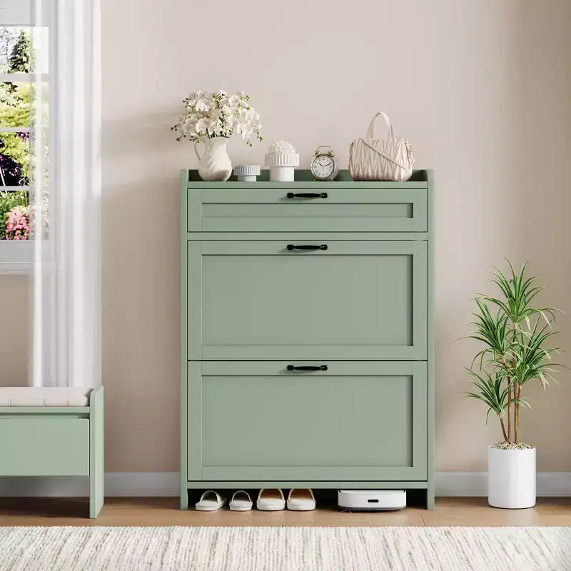 Shoe Cabinet with 2 Flip & 1 Top Drawer,Wooden Shoe Organizer with Adjustable Shelf, Freestanding Entryway Storage for Hallway & Living Room
