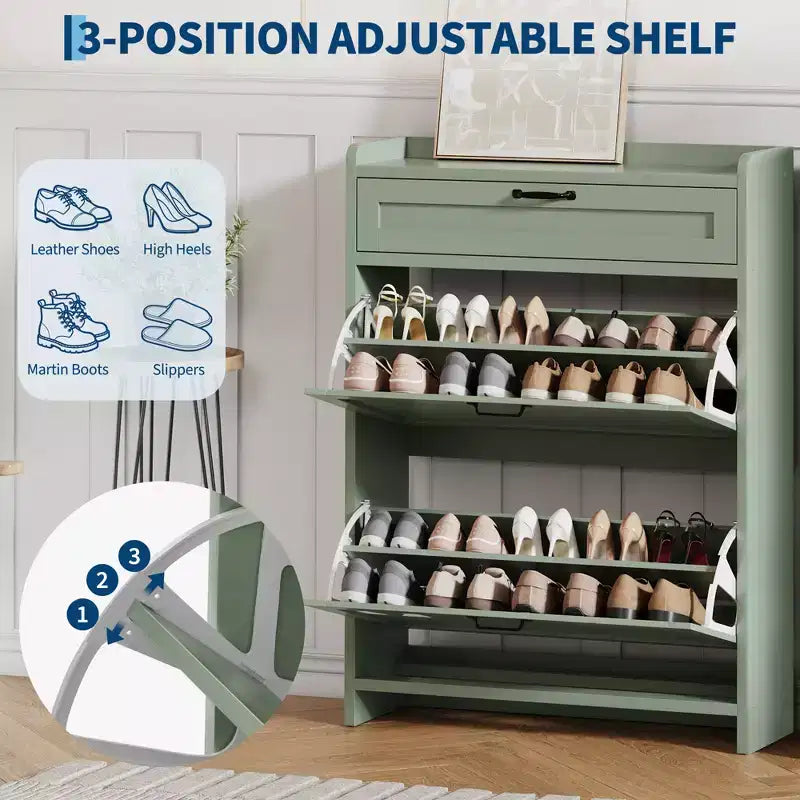 Shoe Cabinet with 2 Flip & 1 Top Drawer,Wooden Shoe Organizer with Adjustable Shelf, Freestanding Entryway Storage for Hallway & Living Room
