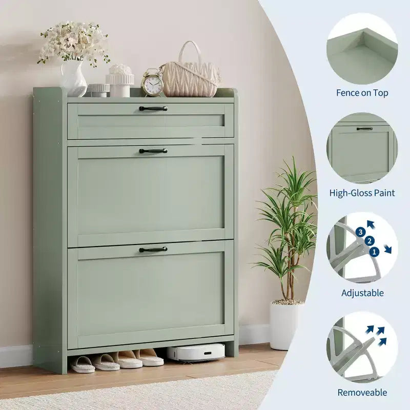 Shoe Cabinet with 2 Flip & 1 Top Drawer,Wooden Shoe Organizer with Adjustable Shelf, Freestanding Entryway Storage for Hallway & Living Room