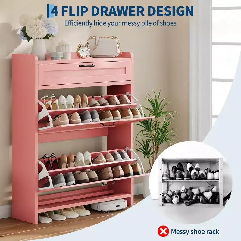 Shoe Cabinet with 2 Flip & 1 Top Drawer,Wooden Shoe Organizer with Adjustable Shelf, Freestanding Entryway Storage for Hallway & Living Room