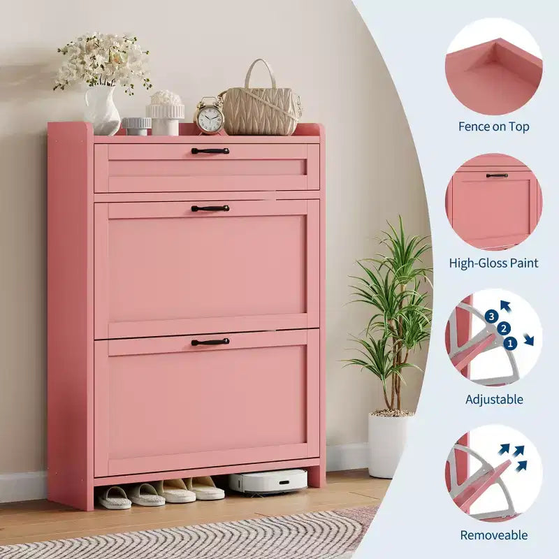Shoe Cabinet with 2 Flip & 1 Top Drawer,Wooden Shoe Organizer with Adjustable Shelf, Freestanding Entryway Storage for Hallway & Living Room
