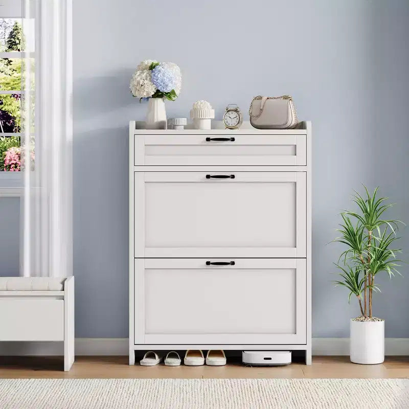 Shoe Cabinet with 2 Flip & 1 Top Drawer,Wooden Shoe Organizer with Adjustable Shelf, Freestanding Entryway Storage for Hallway & Living Room