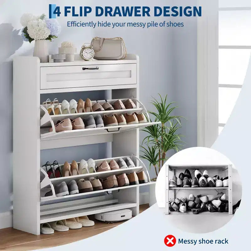 Shoe Cabinet with 2 Flip & 1 Top Drawer,Wooden Shoe Organizer with Adjustable Shelf, Freestanding Entryway Storage for Hallway & Living Room