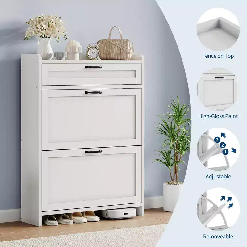 Shoe Cabinet with 2 Flip & 1 Top Drawer,Wooden Shoe Organizer with Adjustable Shelf, Freestanding Entryway Storage for Hallway & Living Room