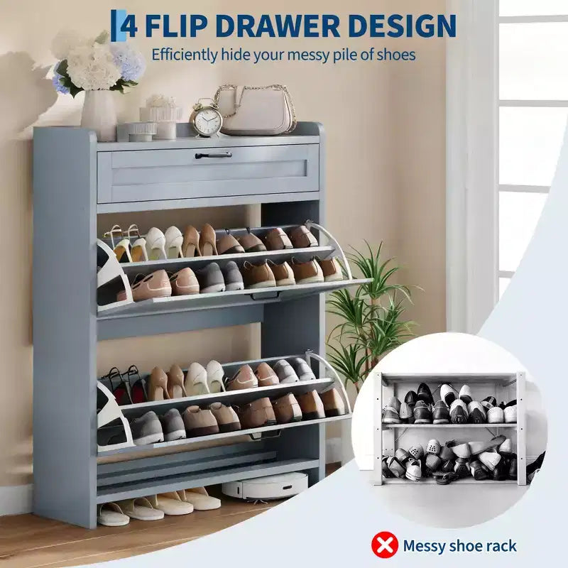 Shoe Cabinet with 2 Flip & 1 Top Drawer,Wooden Shoe Organizer with Adjustable Shelf, Freestanding Entryway Storage for Hallway & Living Room