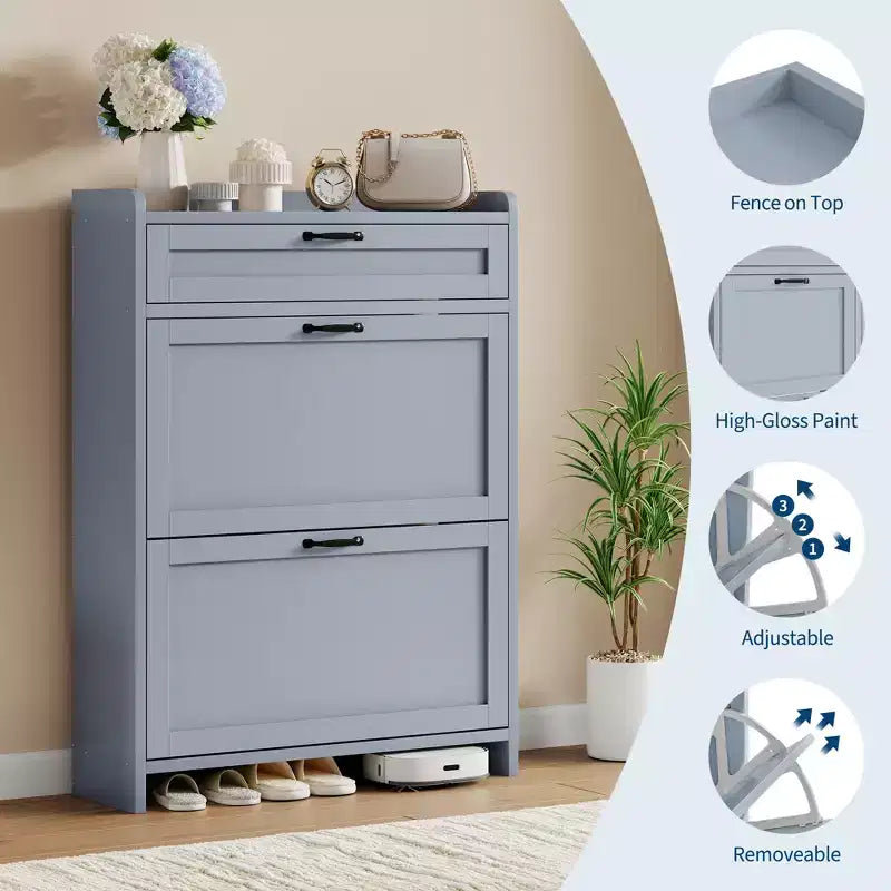 Shoe Cabinet with 2 Flip & 1 Top Drawer,Wooden Shoe Organizer with Adjustable Shelf, Freestanding Entryway Storage for Hallway & Living Room