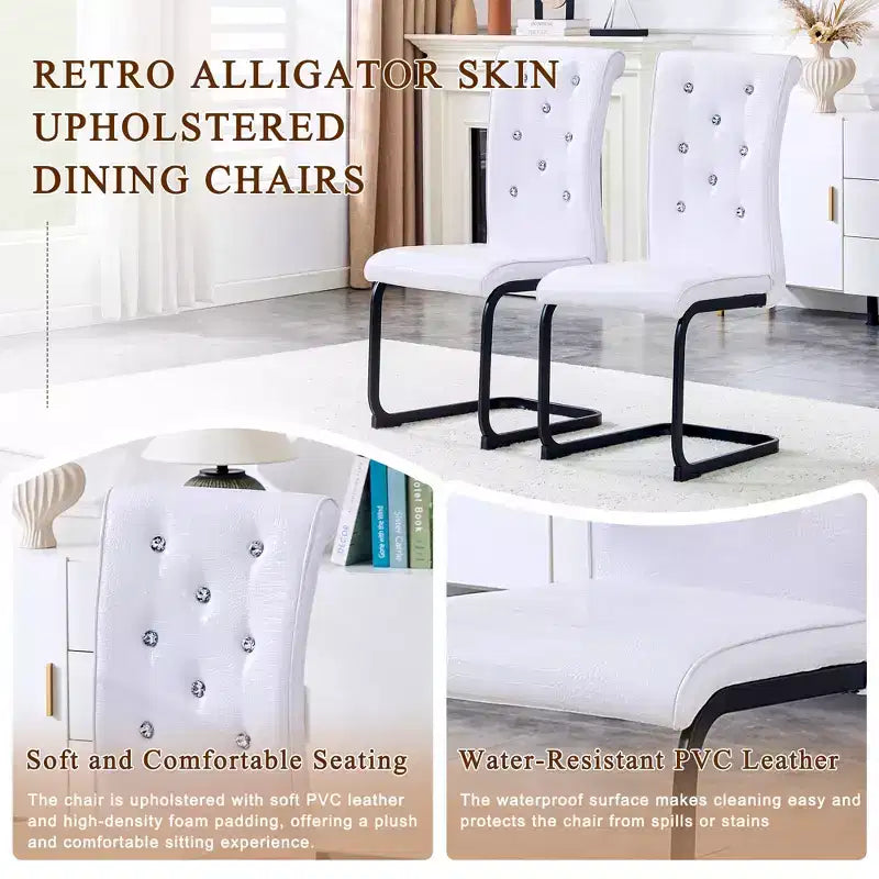 Set of 2 Retro Alligator Skin Upholstered Dining Chairs with Black Metal Legs