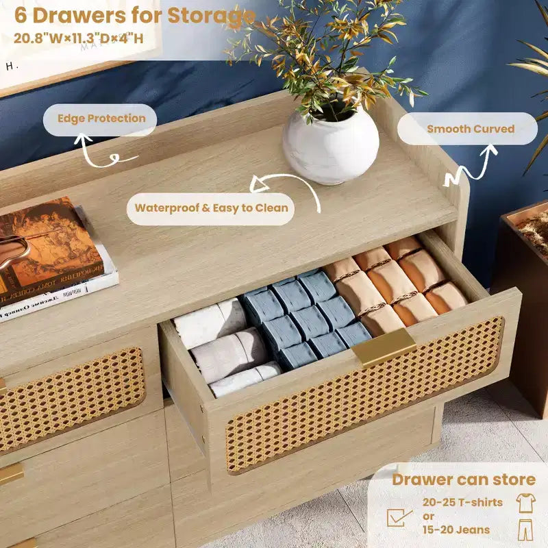Dresser for Bedroom, 6-Drawer Mid Century Modern Dresser with Gold Hardware & Rattan Design, TV Stand