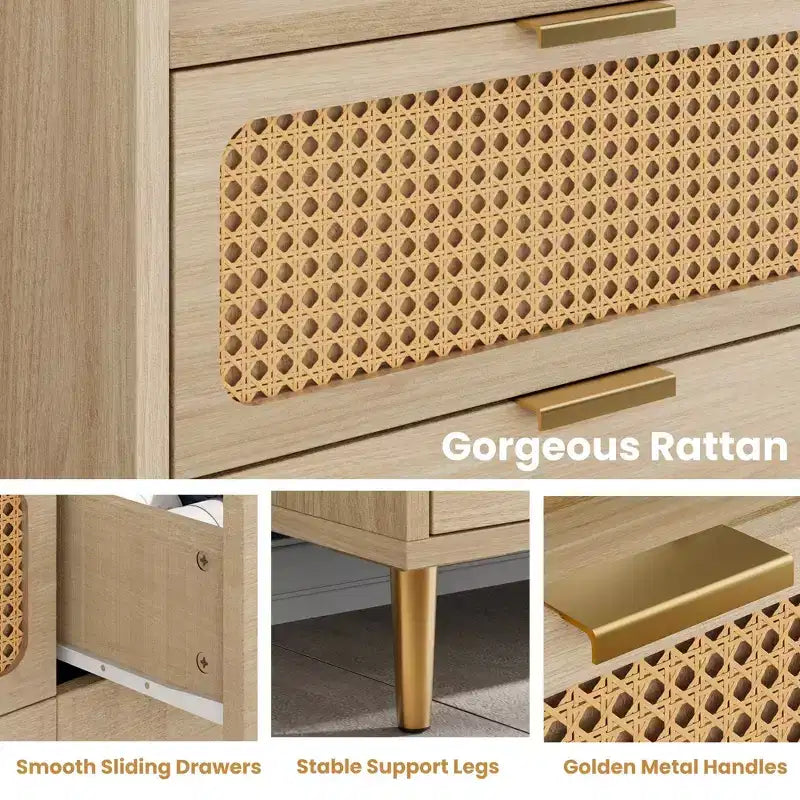 Dresser for Bedroom, 6-Drawer Mid Century Modern Dresser with Gold Hardware & Rattan Design, TV Stand