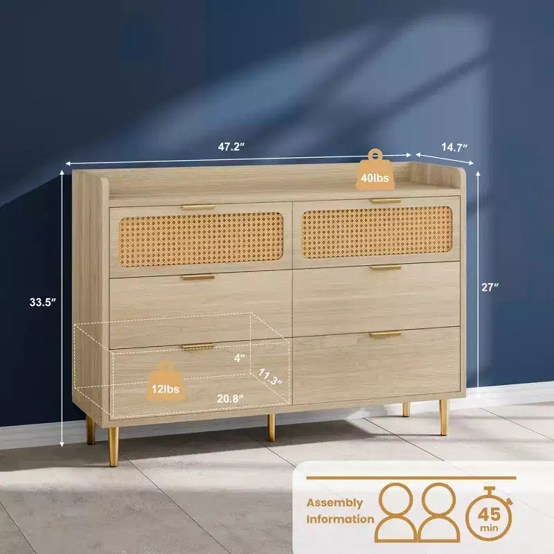 Dresser for Bedroom, 6-Drawer Mid Century Modern Dresser with Gold Hardware & Rattan Design, TV Stand